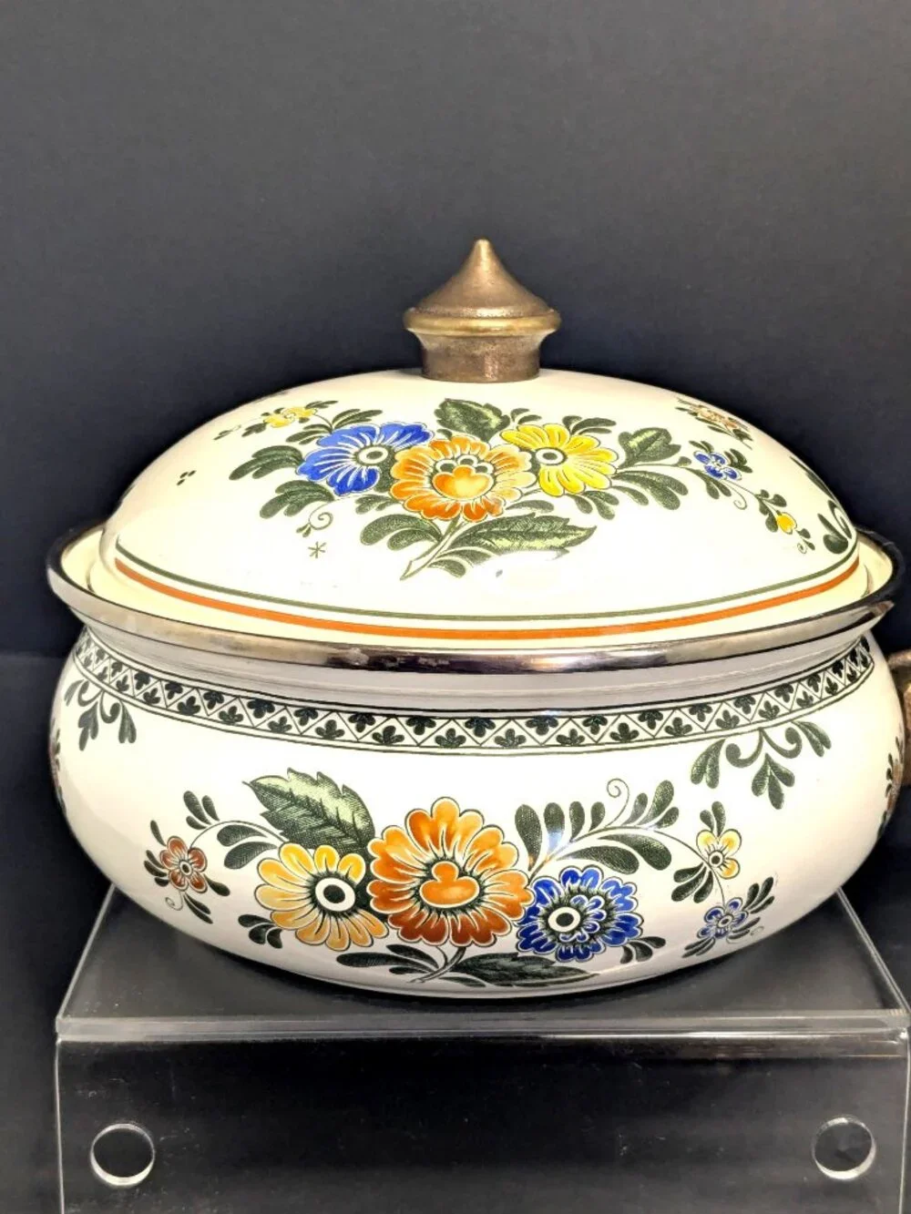 Vintage Asta Enamelware Alt Amsterdam Floral Covered Saucepan Brass Handle & Lid